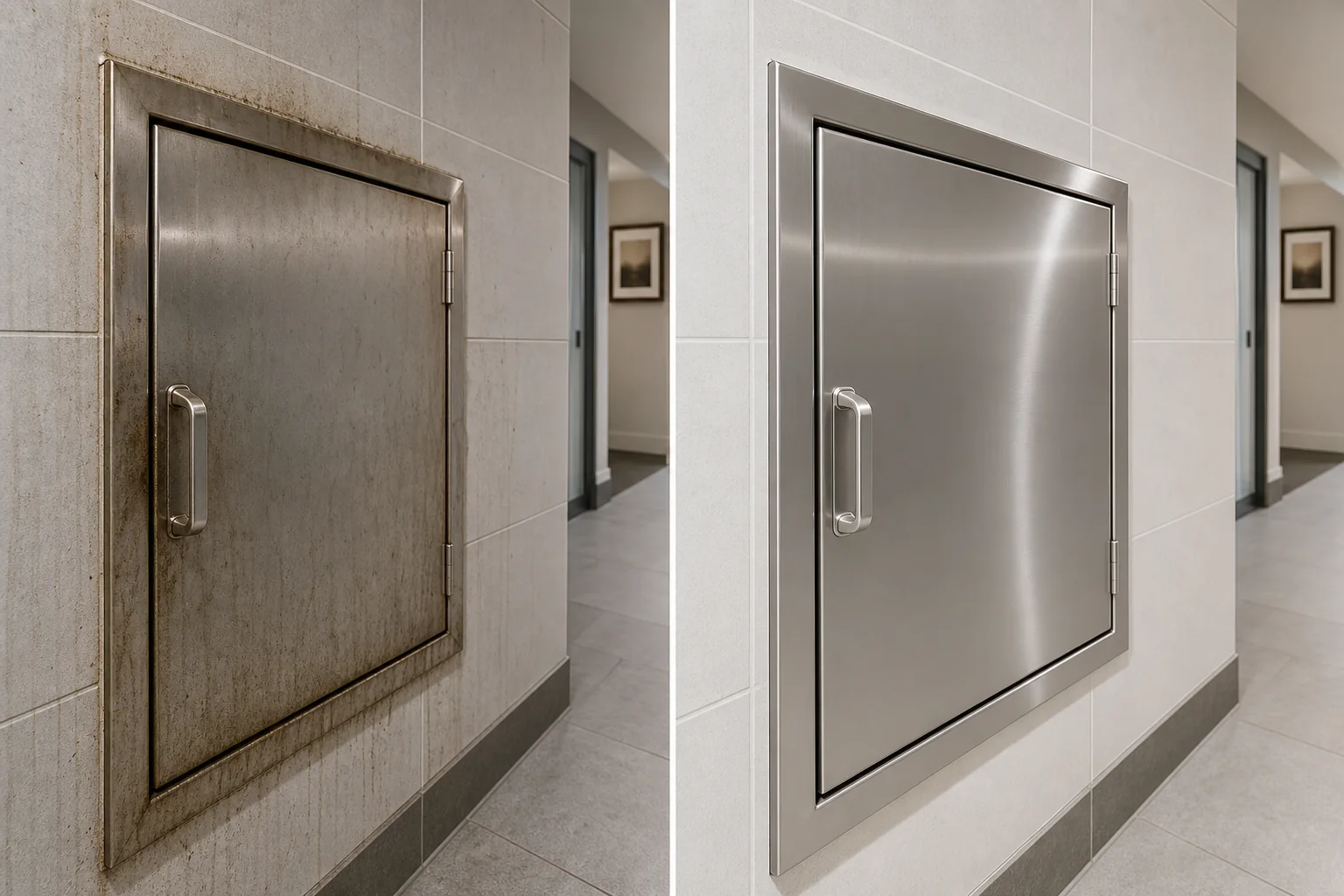 Before and after comparison of a dirty and professionally cleaned apartment trash chute intake door
