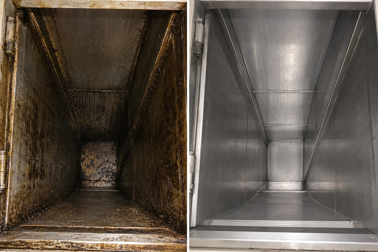 Before and after comparison looking inside a dirty and professionally cleaned apartment trash chute