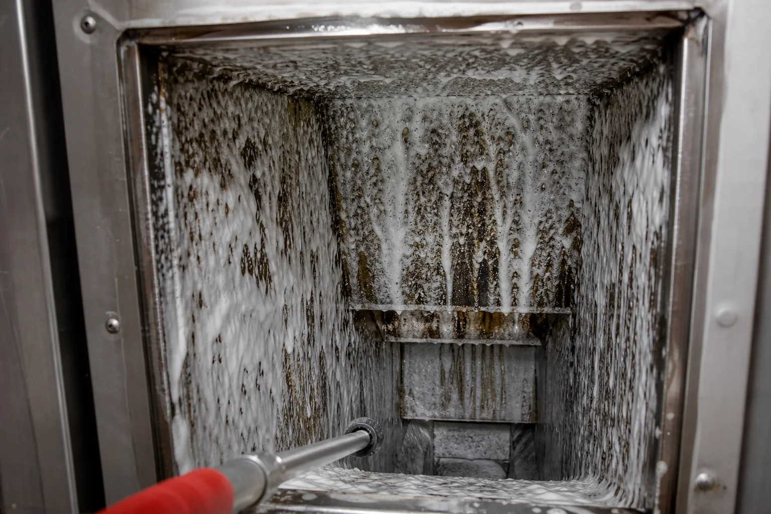 Foaming degreaser coating grease and residue inside an apartment trash chute