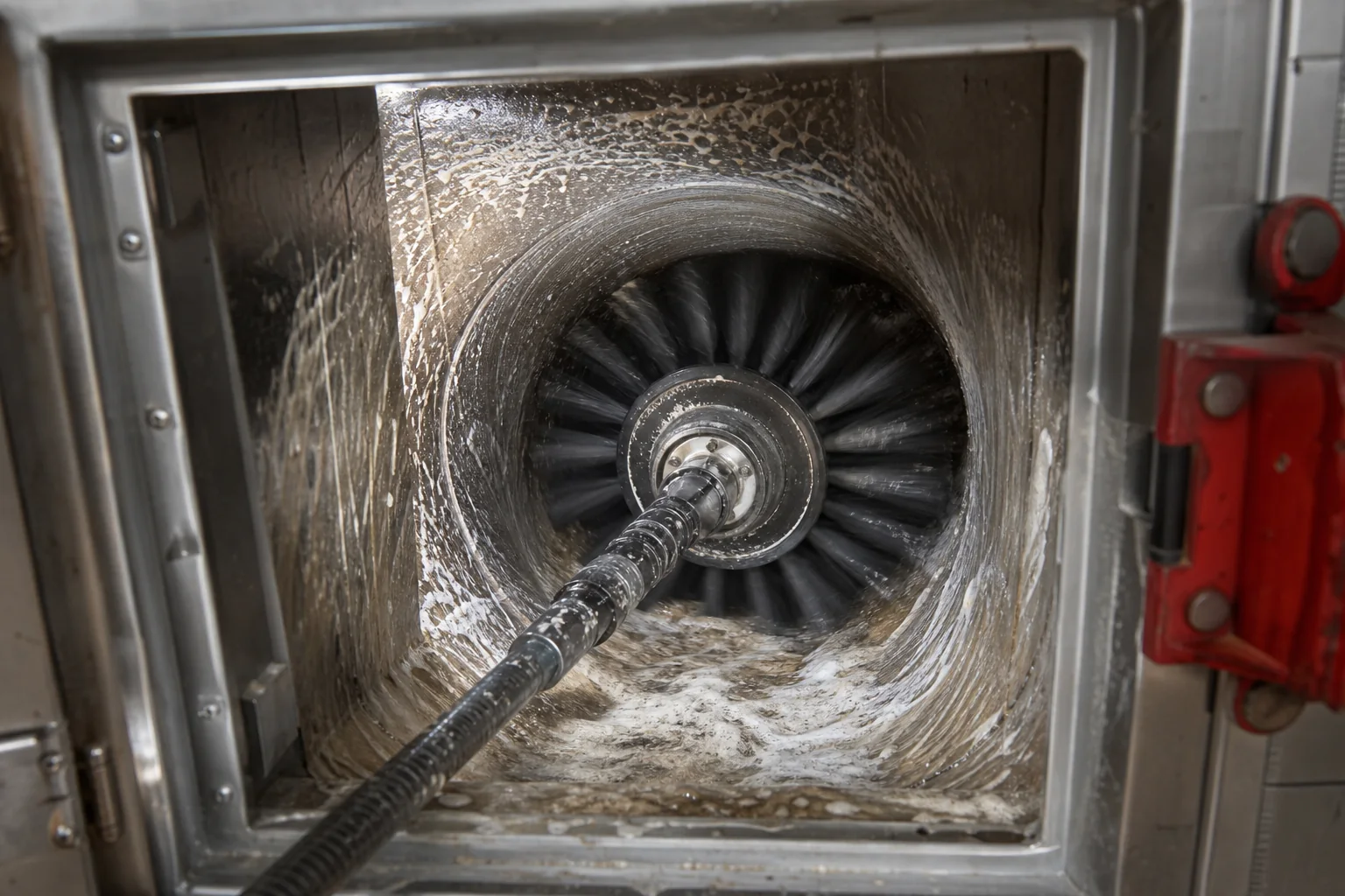 Industrial rotating brush scrubbing the inside walls of an apartment trash chute