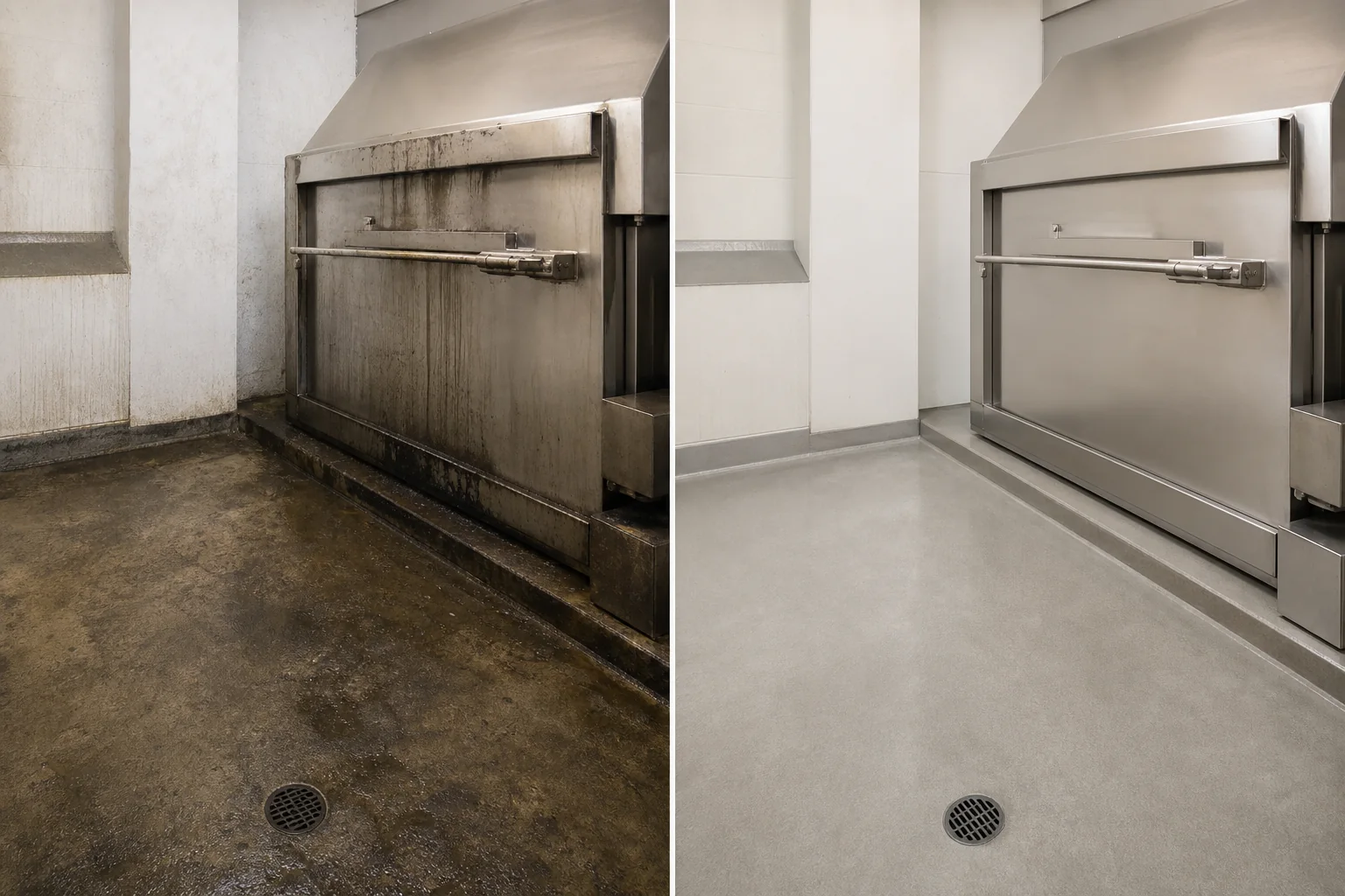 Before and after comparison of a dirty and professionally cleaned apartment trash room and compactor area